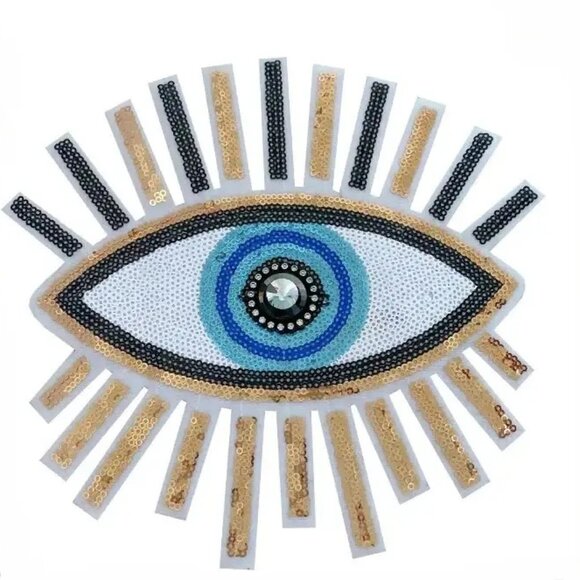 Accessories - Large Sequins Evil Eye With 3D Center Jewel Iron On Black Blue Gold